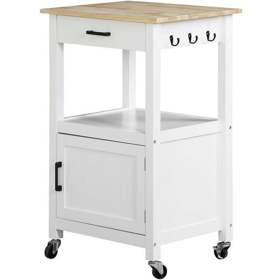 HOWEN Rolling Kitchen Island Cart with Storage Shelf, Cabinet and Drawer on Wheels in White, Mobile Kitchen Cart with Butcher Block Top and Towel Bar