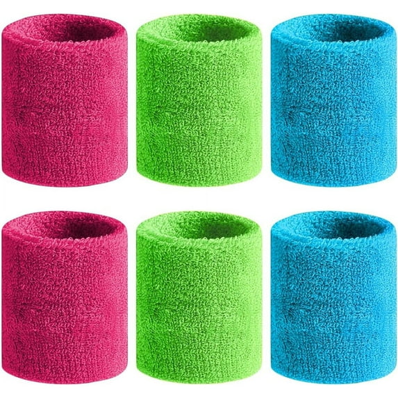 HOWEN Sweatbands Sports Wristband for Men & Women - Moisture Wicking Athletic Cotton Terry Cloth Sweatband for Tennis, Basketball, Running, Gym, Working Out,Rose Red/Green/LT Blue