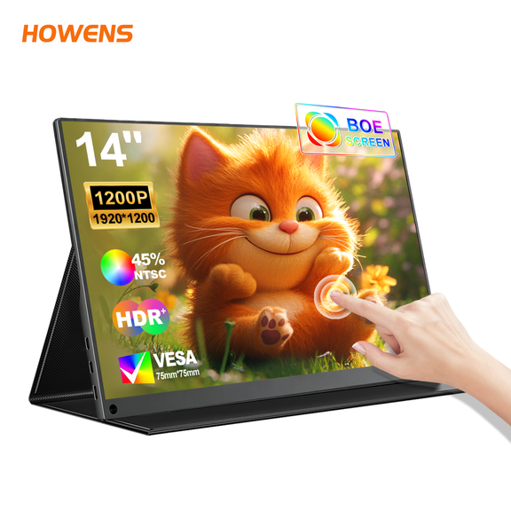 HOWENS 14-inch portable monitor with250cd/m,60Hz,45% NTSC wide color gamut, adjustable image ratio, IPS panel, 1920 x 1200 resolution, kickstand(NO DC Power)