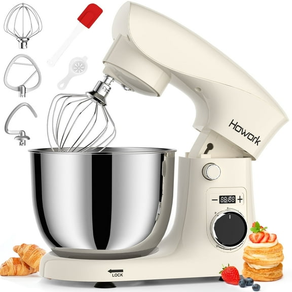 HOWORK 3-IN-1 Stand Mixer,5.5QT Tilt-Head 10-Speed Food Mixer,Household Electric Mixer with Dough Hook,Beater,Whisk,Bowl,Cream