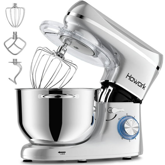 HOWORK 6.5-Qt Stand Mixer, Silver with Dough Hook, Beater, Whisk