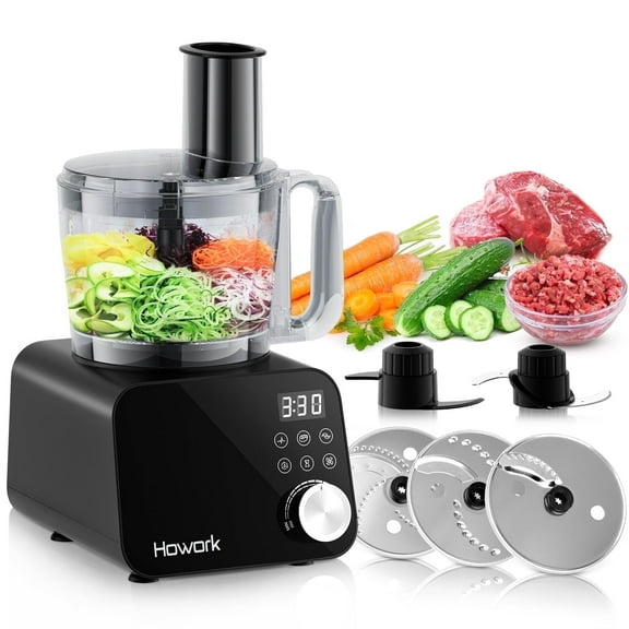 HOWORK Food Processor 12 Cup, 600w, Multifunctional Food Processor, 11 Functions for Shredding, Slicing, Doughing, Emulsifying and Juicing, Black
