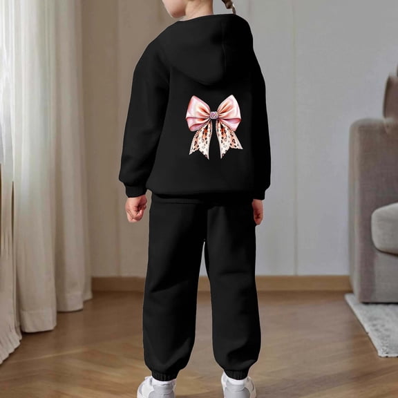 HOWPAY 2 Piece Girls Sweatsuit Bow Leopard Graphic Long Sleeve Hooded Sweatshirt and Jogger Sweatpants Outfits Baggy Loose Fit Lounge Sets Black