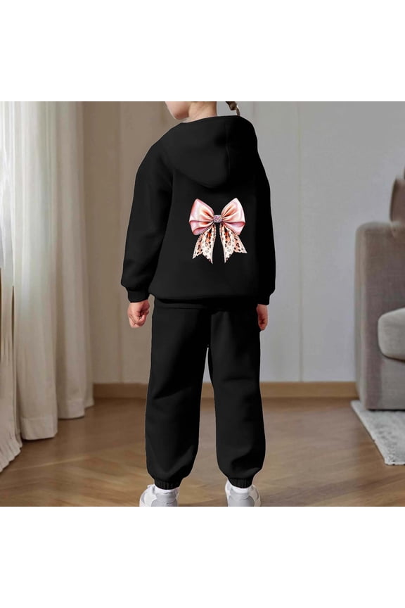 2 Piece Girls Sweatsuit Bow Leopard Graphic Long Sleeve Hooded Sweatshirt and Jogger Sweatpants Outfits Baggy Loose Fit Lounge Sets Black