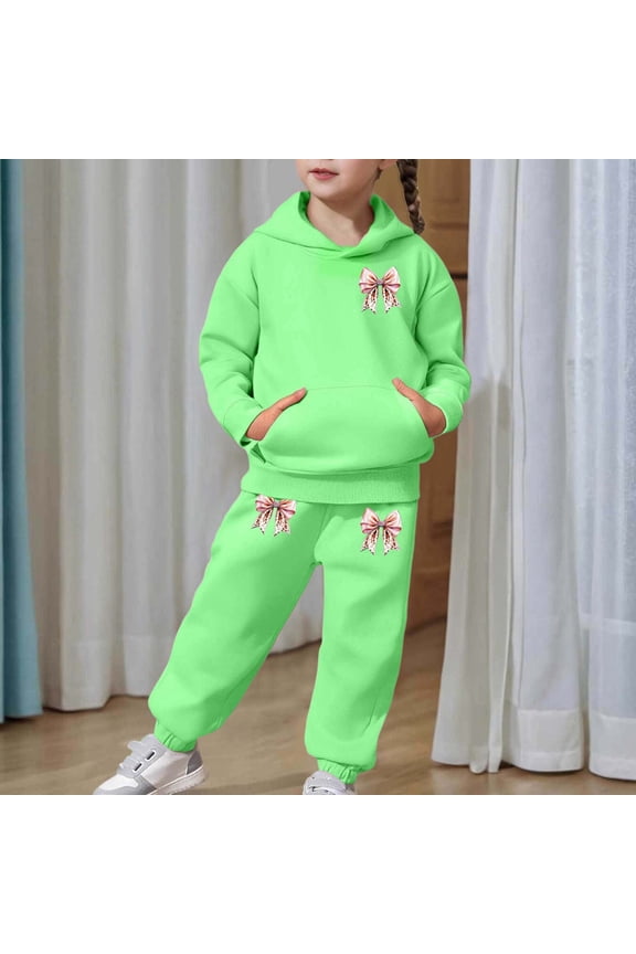 2 Piece Girls Sweatsuit Bow Leopard Graphic Long Sleeve Hooded Sweatshirt and Jogger Sweatpants Outfits Baggy Loose Fit Lounge Sets Green