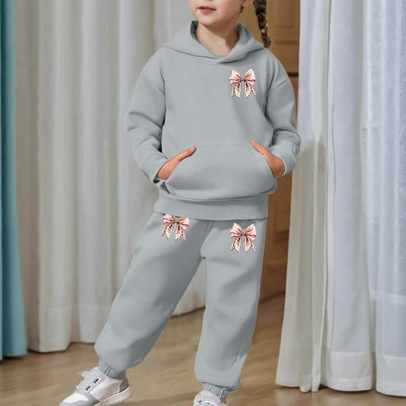 HOWPAY 2 Piece Girls Sweatsuit Bow Leopard Graphic Long Sleeve Hooded Sweatshirt and Jogger Sweatpants Outfits Baggy Loose Fit Lounge Sets Grey