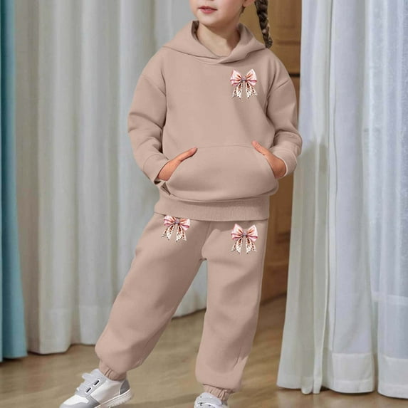 HOWPAY 2 Piece Girls Sweatsuit Bow Leopard Graphic Long Sleeve Hooded Sweatshirt and Jogger Sweatpants Outfits Baggy Loose Fit Lounge Sets Khaki