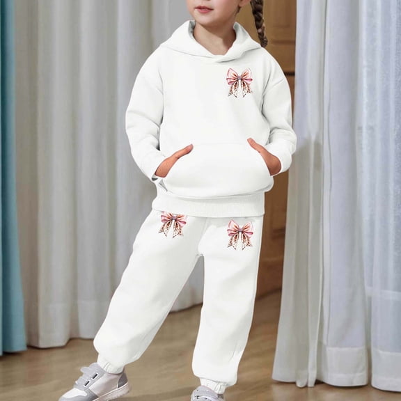 HOWPAY 2 Piece Girls Sweatsuit Bow Leopard Graphic Long Sleeve Hooded Sweatshirt and Jogger Sweatpants Outfits Baggy Loose Fit Lounge Sets White