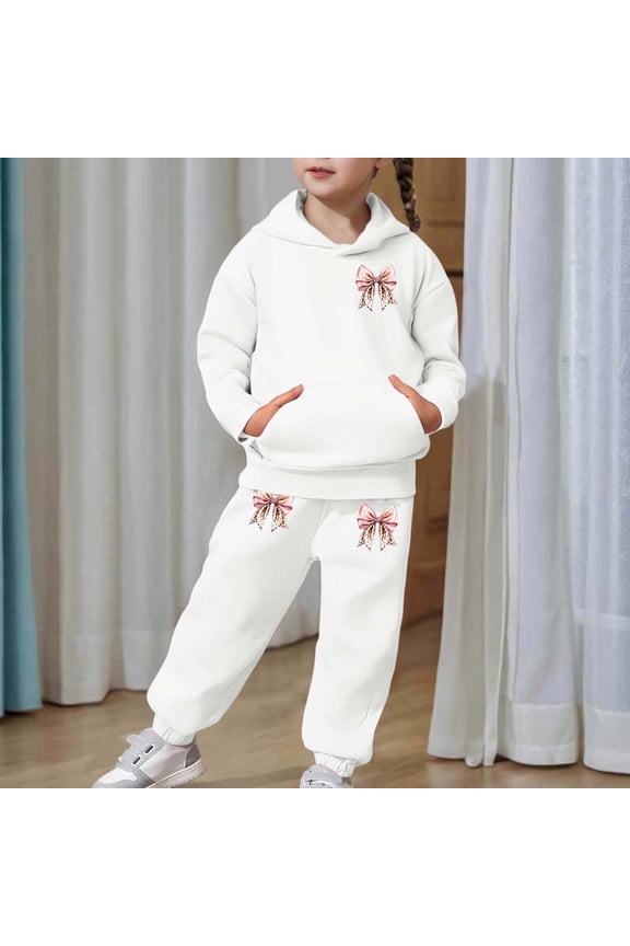 2 Piece Girls Sweatsuit Bow Leopard Graphic Long Sleeve Hooded Sweatshirt and Jogger Sweatpants Outfits Baggy Loose Fit Lounge Sets White