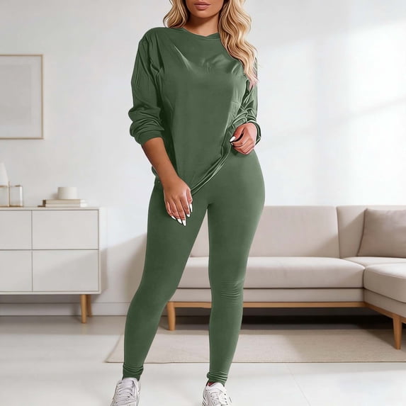 HOWPAY 2 Piece Lounge Sets for Women Long Sleeve Crewneck Tops and Pants Outfits Solid Color Lightweight Causal Soft Comfy Sweatsuits GN1 L