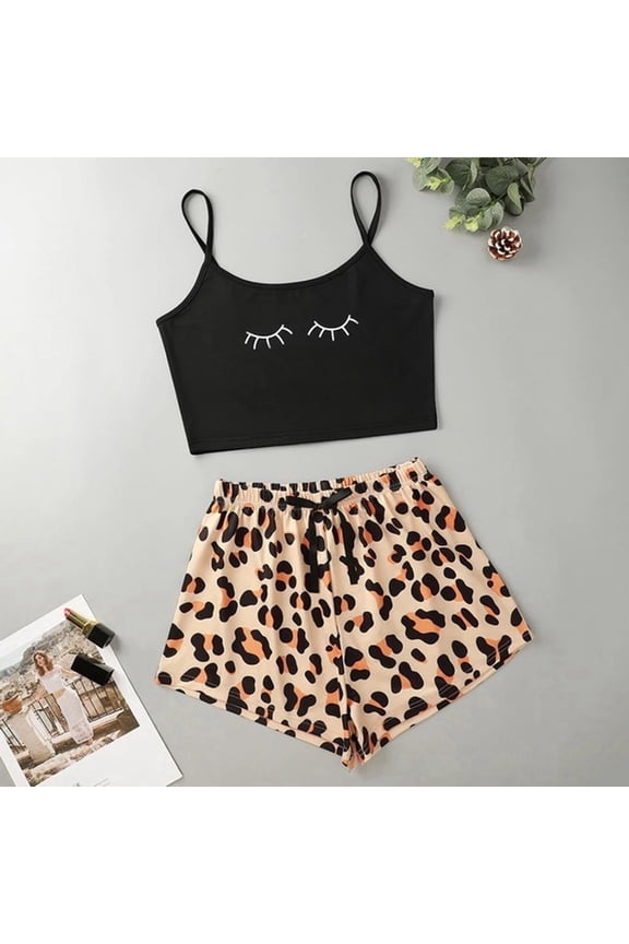 2 Piece Pajamas for Women Set Leopard Print Casual Scoop Neck Sleeveless Shirts with Shorts Lounge Sets Soft Loose Fit Loungewear Brown L