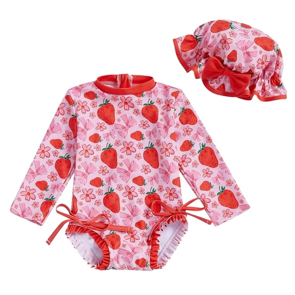 HOWPAY 2 Piece Swimsuit for Girls Summer Long Sleeve Bathing Sports Sun Beach Stretch Tankini Set with Hat Swimming Pools Soft Swimwear Red