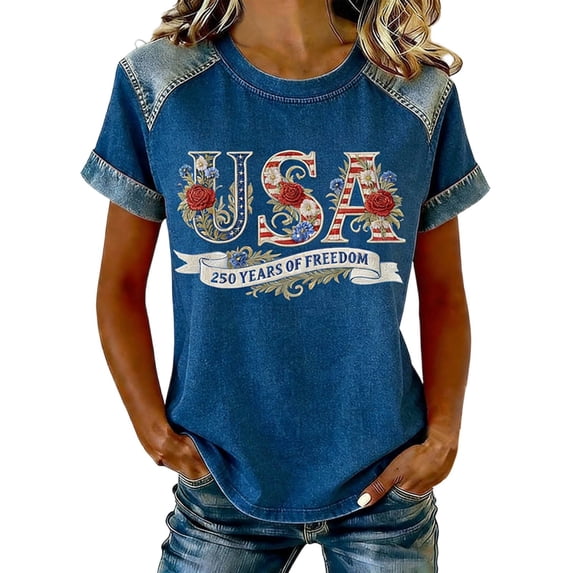 HOWPAY 250th Anniversary USA Shirt Women Crew Neck Short Sleeve Independence Day American Flag T-Shirt Patriotic Vintage Y2K Streetwear Blue XL