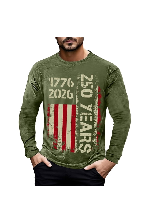 250th Anniversary USA Shirt for Men Long Sleeve Crew Neck Independence Day Tops 1776-2026 Commemorative Patriotic Casual Tees Army Green L