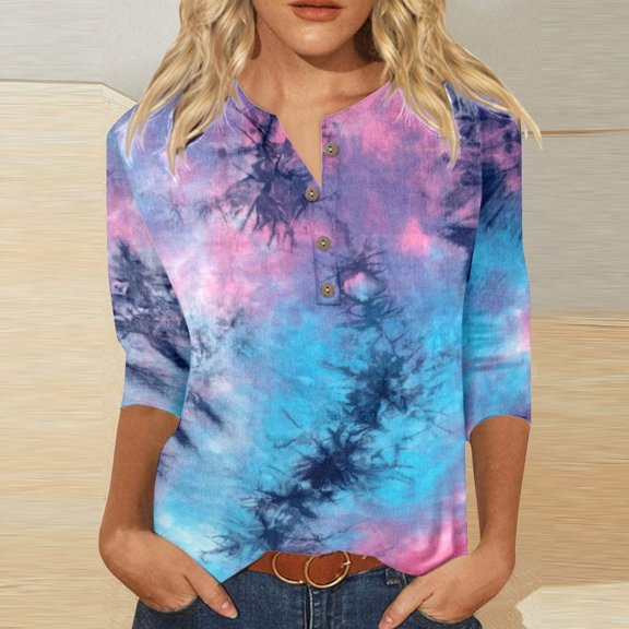 HOWPAY 3/4 Length Sleeve Womens Tops V Neck Graphic Dressy Casual Loose Fit Tunic Blouses Lightweight Pullover Soft Comfy Y2K Clothes Dark Blue M