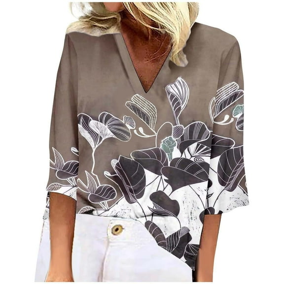 HOWPAY 3/4 Length Sleeve Womens Tops V Neck Graphic Loose Fit Dressy Casual Tunic Blouses Lightweight Soft Comfy Fall Clothes Khaki XL