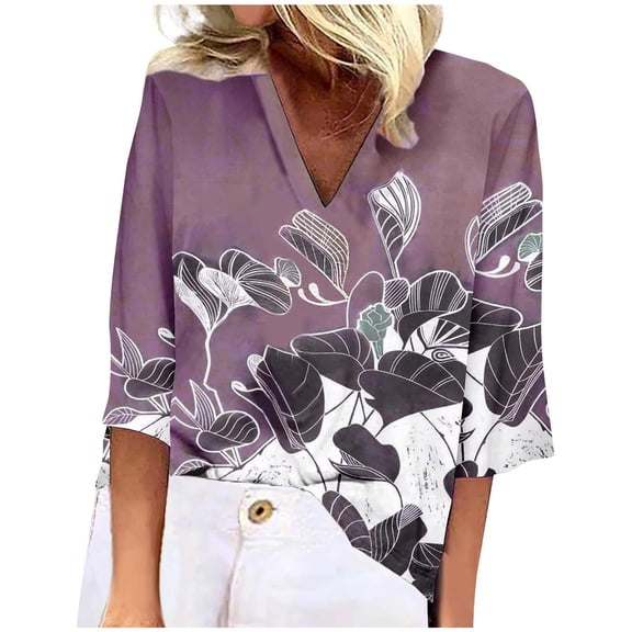 HOWPAY 3/4 Length Sleeve Womens Tops V Neck Graphic Loose Fit Dressy Casual Tunic Blouses Lightweight Soft Comfy Y2K Clothes Purple XL