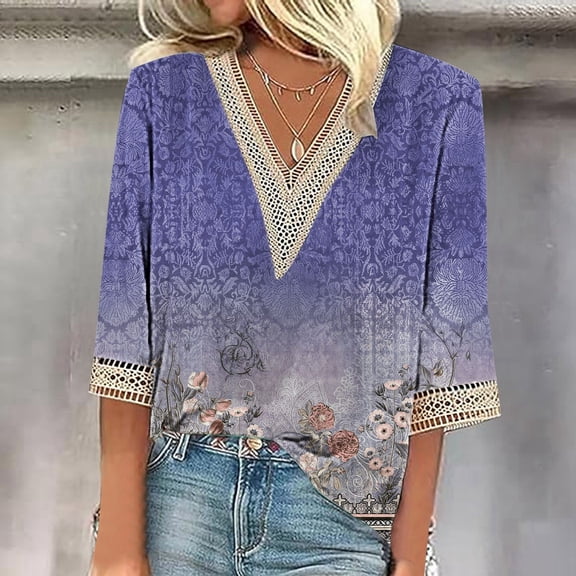 HOWPAY 3/4 Length Sleeve Womens Tops V Neck Graphic Tunic T Shirts Loose Fit Dressy Casual Lightweight Blouses Soft Comfy Y2K Clothes Light Purple2 M