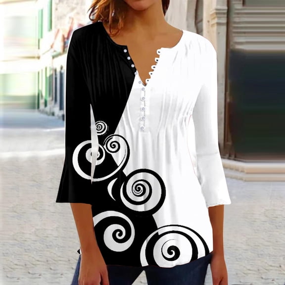 HOWPAY 3/4 Length Sleeve Womens Tops V Neck Loose Fit Blouses Graphic Dressy Casual Tunic T Shirts Lightweight Soft Comfy Fall Clothes Black L