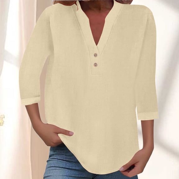 HOWPAY 3/4 Length Sleeve Womens Tops V Neck Solid Color Dressy Casual Loose Fit Basic Blouses Lightweight Pullover Soft Comfy Fall Clothes White L