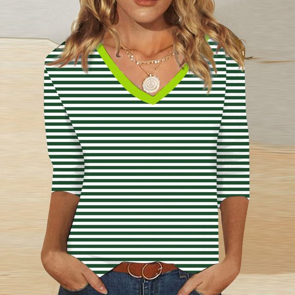 HOWPAY 3/4 Sleeve Tops for Women V Neck Color Block Loose Fit Dressy Casual Tunic Blouses Lightweight Soft Comfy Fall Clothes Light Green XXL