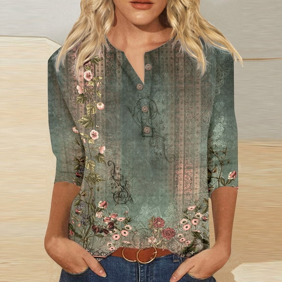 HOWPAY 3/4 Sleeve Tops for Women V Neck Graphic Dressy Casual Loose Fit Tunic Blouses Lightweight Pullover Soft Comfy Fall Clothes Pink S