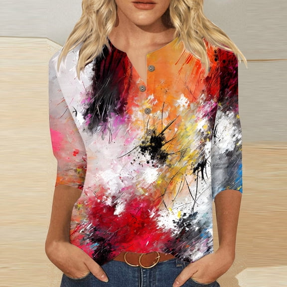 HOWPAY 3/4 Sleeve Tops for Women V Neck Graphic Dressy Casual Tunic T Shirts Loose Fit Lightweight Blouses Soft Comfy Y2K Clothes Sky Blue XXL