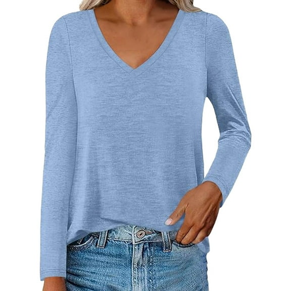 HOWPAY 3/4 Sleeve Tops for Women V Neck Loose Fit Blouses Solid Color Dressy Casual Basic T Shirts Lightweight Soft Comfy Y2K Clothes Blue M