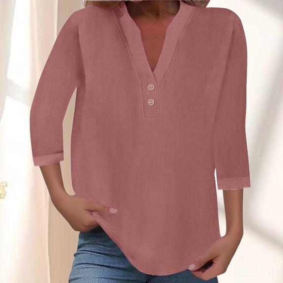 HOWPAY 3/4 Sleeve Tops for Women V Neck Solid Color Dressy Casual Loose Fit Basic Blouses Lightweight Pullover Soft Comfy Fall Clothes Pink XXL