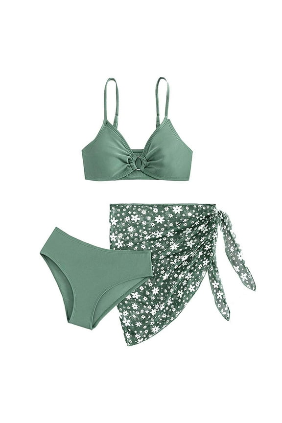 3 Piece Bathing Suits for Girls Print Bikini Sets Sleeveless Sports Spaghetti Strap Swimsuit with Cover up Skirt Sun Beach Summer Swimwear Green