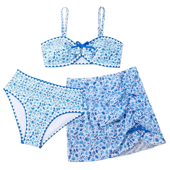 HOWPAY 3 Piece Swimsuit for Girls Cute Sleeveless Bikini Sets Spaghetti Strap Bathing Suit with Cover up Skirt Sun Beach Summer Swimwear Sky Blue