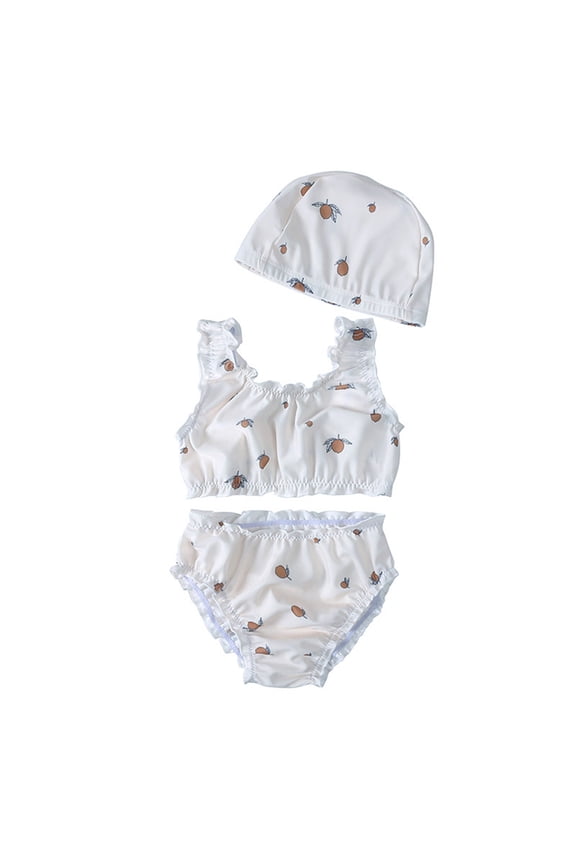 3 Piece Swimsuit for Girls Summer Tropical Print Cute Tankini Top and Bikini Bottom Bathing Suit with Hat Beach Pool Swimwear Beige