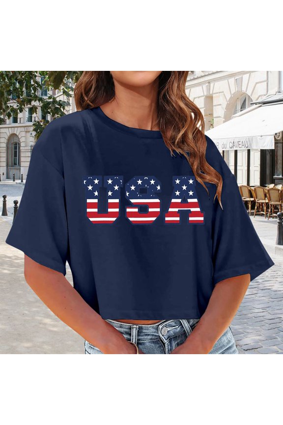 4th of July Womens T Shirts Independence Day American Flag Patriotic Blouse Crew Neck Short Sleeve Shirt Casual Loose Y2K Clothes Navy L