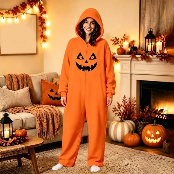 HOWPAY Adult Halloween Costumes Pumpkin Onesie Adult Dress Up Outfit Soft Fall Winter Hooded Jumpsuit Festive Costume For Masquerade Carnival Party Sleepwear Halloween Costumes L