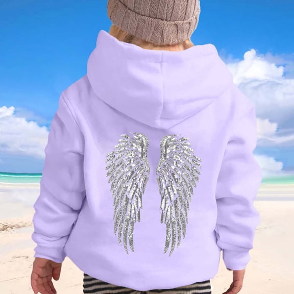 HOWPAY Angel Wing Hoodie for Girls Cute Graphic Casual Cozy Pullover Sweatshirt with Pocket Long Sleeve Drop Shoulder Loose Fit Fall Outfits Light Purple