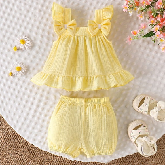 HOWPAY Baby Girl Outfits Summer Solid Color Sleeveless Crew Neck Tops and Wide Leg Shorts Outfit Causal Comfy 2 Piece Sweatsuits Set Yellow