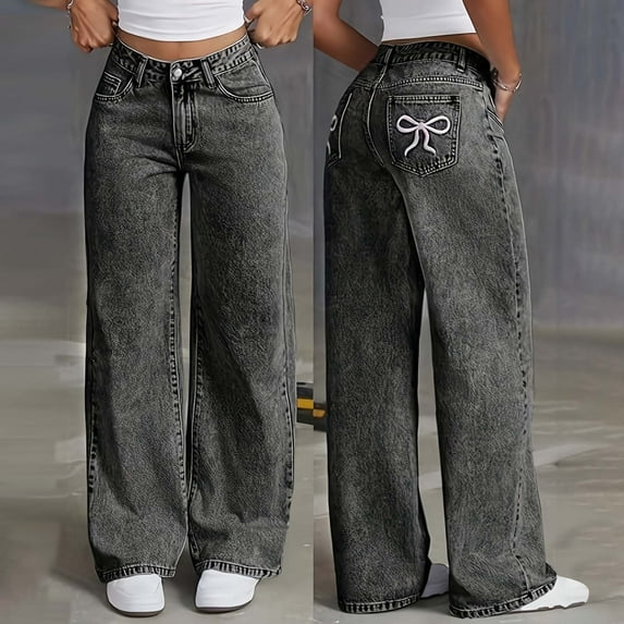 HOWPAY Baggy Jeans Girls Bowknot Embroidery Straight Leg Boyfriend Denim Pants with Pockets High Waisted Strechy Casual Streetwear Grey