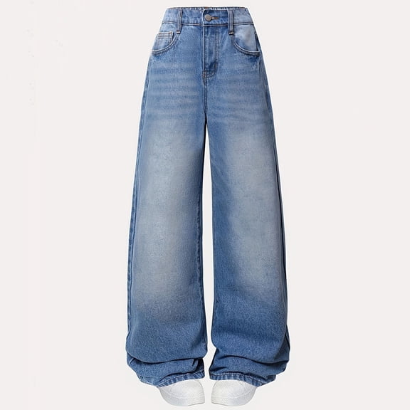 HOWPAY Baggy Jeans for Girls Casual Relaxed Fit Solid Color High Waist Wide Leg Denim Pants Stretchy Pull on Lightweight Comfy Summer Clothes Sky Blue