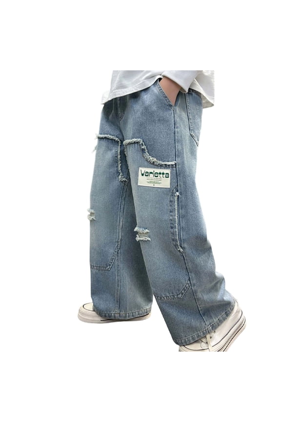 Baggy Jeans for Boys Elastic Waist Straight Leg Pull on Denim Pants with Pockets Loose Fit Stretchy Cozy Casual Summer Streetwear Blue