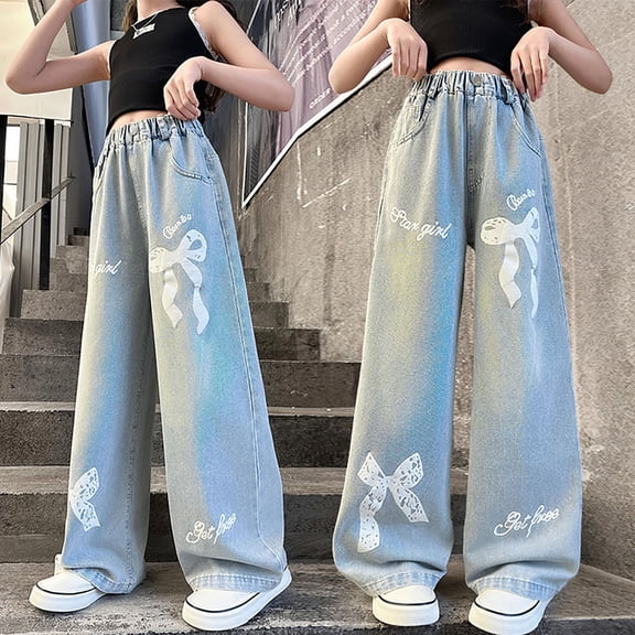 HOWPAY Baggy Jeans for Girls Loose Fit Straight Leg Elastic Waist Denim Pants with Pockets Pull on Lightweight Stretchy Summer Clothes Purple