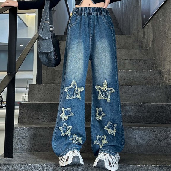 HOWPAY Baggy Jeans for Girls Solid Color Elastic Waist Wide Leg Loose Fit Denim Pants Comfy Stretchy Pull on Lightweight Summer Streetwear Purple