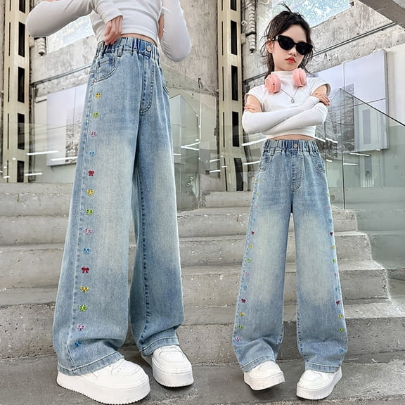 HOWPAY Baggy Jeans for Girls Solid Color Wide Leg Elastic Waist Denim Pants Loose Fit Stretchy Pull on Lightweight Comfy Summer Clothes Purple