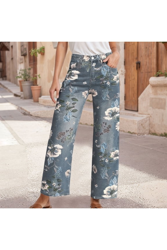 Baggy Jeans for Women Retro Floral Print Loose Straight Leg Denim Pants with Pockets High Waisted Boyfriend Casual Stretchy Y2k Jeans Blue L