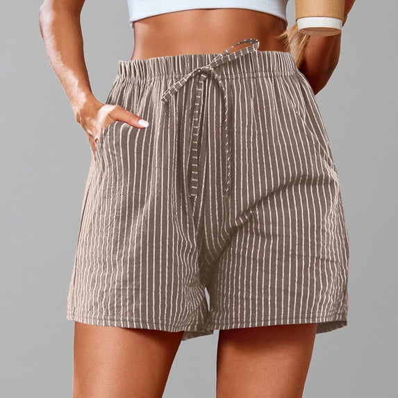 HOWPAY Baggy Shorts for Women Striped Loose Fit Elastic High Waisted Bottoms Casual Lightweight Summer Workout Cycling Beach Vacation Clothes Khaki L