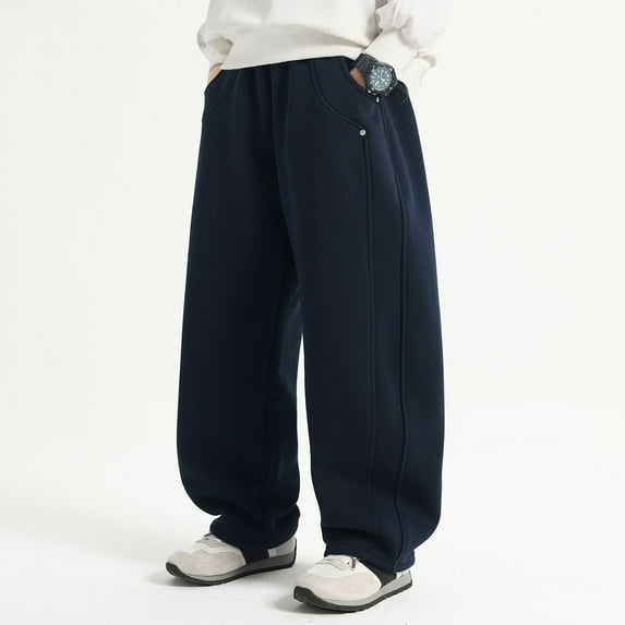 HOWPAY Baggy Sweatpants Boys Open Bottom Wide Leg Elastic Waist Drawstring Lounge Pants with Pockets Solid Color Athletic Sweat Pants Navy