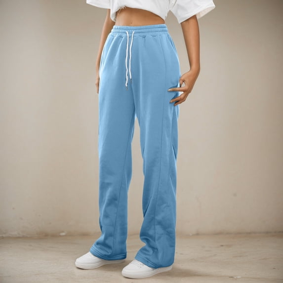 HOWPAY Baggy Sweatpants Girls Elastic Waist Open Bottom Wide Leg Lounge Sweat Pants with Pockets Solid Color Loose Jogger Track Pants Blue