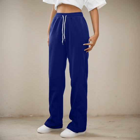 HOWPAY Baggy Sweatpants Girls Elastic Waist Open Bottom Wide Leg Lounge Sweat Pants with Pockets Solid Color Loose Jogger Track Pants Dark Blue