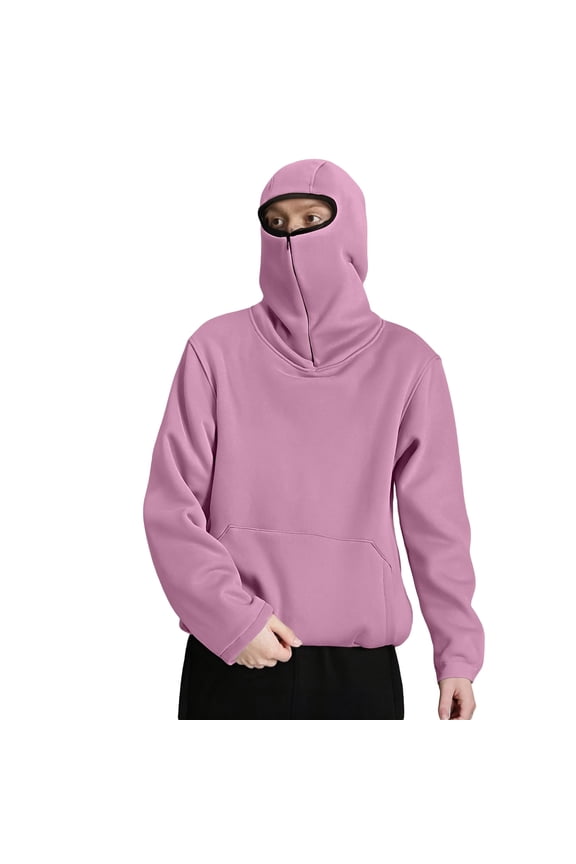 Balaclava Hoodie Men Half Zipper Windproof Ninja Hoodie Pullover Athletic Sweatshirt with Kangaroo Pocket Long Sleeve Fall Winter Casual Streetwear Pink S
