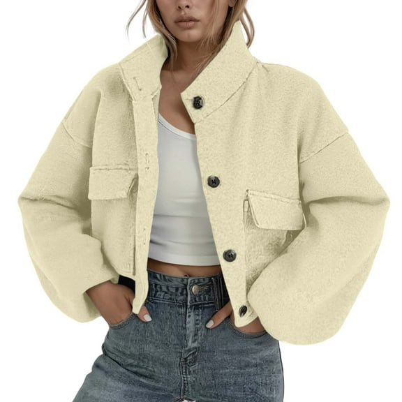 HOWPAY Barn Jackets for Women Button down Oversized Lapel Collar Long Sleeve Vintage Coats with Pockets Solid Color Casual Outerwear Fall Winter Clothes Beige L
