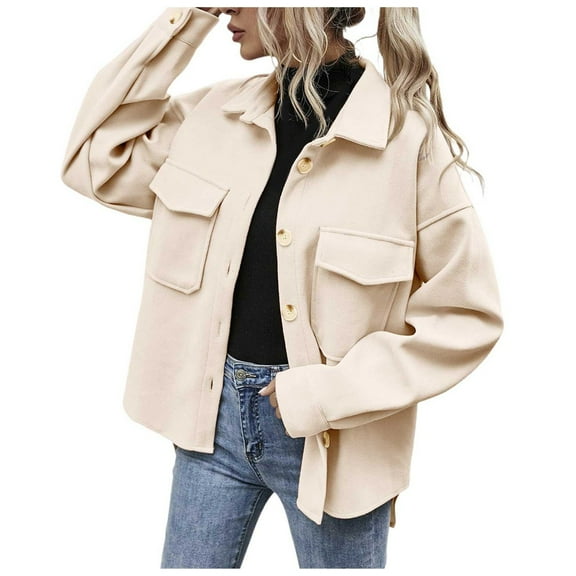 HOWPAY Barn Jackets for Women Button down Oversized Lapel Collar Vintage Coats with Pockets Long Sleeve Solid Color Casual Outerwear Fall Winter Clothes Beige M